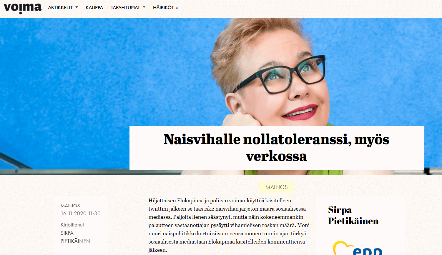 Naisvihalle nollatoleranssi, myös verkossa